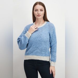 Topshop Contrast Crop Crewneck Sweater Blue and Cream Size: Small